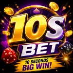 10S Bet Game logo with coins, dice, and colorful casino-themed background