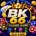 BK 66 Casino Game feature image featuring a premium casino logo, gold crown, poker cards, roulette wheel, chips, and gold coins on a vibrant blue background
