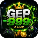 GEP999 Game feature image with neon green gaming theme, crown logo, mobile phone, gaming controller, trophy, and gold coins on a futuristic background