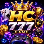 HC 777 Game feature image with gold logo, gaming controller, coins, gems, and neon blue-purple background