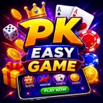 PK Easy Game gaming app icon with PK logo, coins, cards, and neon style design