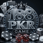 A modern metallic logo for 188 PKR GAME with crown, surrounded by chips, cards, and dice.