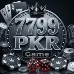 A modern metallic logo for 7799 PKR Game with crown, surrounded by chips, cards, and dice